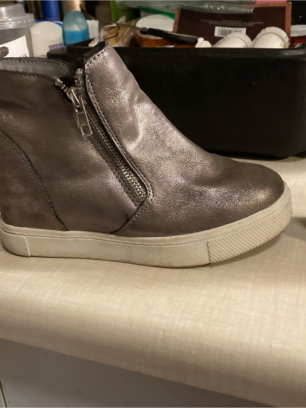 Steve Madden Metallic Pewter High-Top Wedge Sneakers with White Sole - Picture 10 of 16